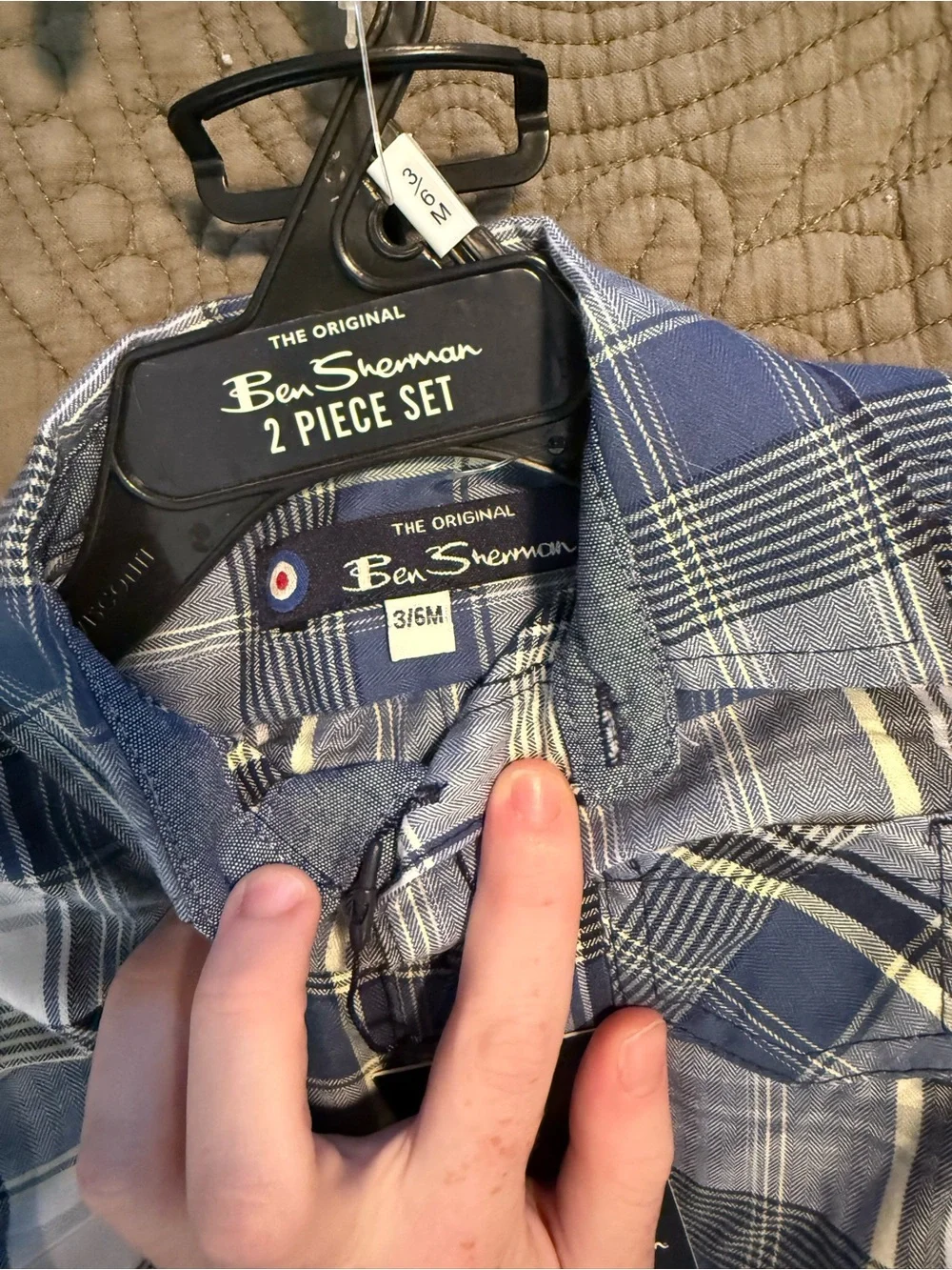 BWT  3/6 Month Blue Plaid Baby One-Piece with Tan Jogger Bottoms